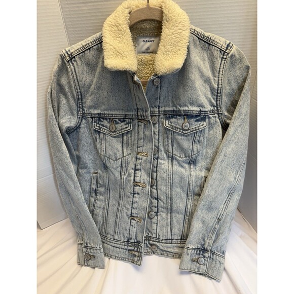 Old Navy Womens Denim Jacket Petite SM Sherpa Lining Flap Pockets Western - Picture 1 of 14